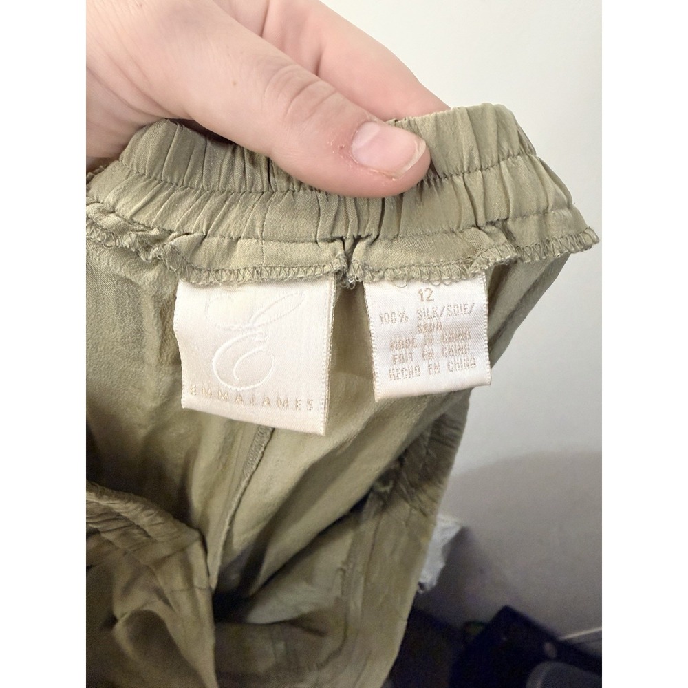 Vintage Emma James 100% Silk Olive Green Pull On Wide Leg Pants Women's 12 - Picture 7 of 7